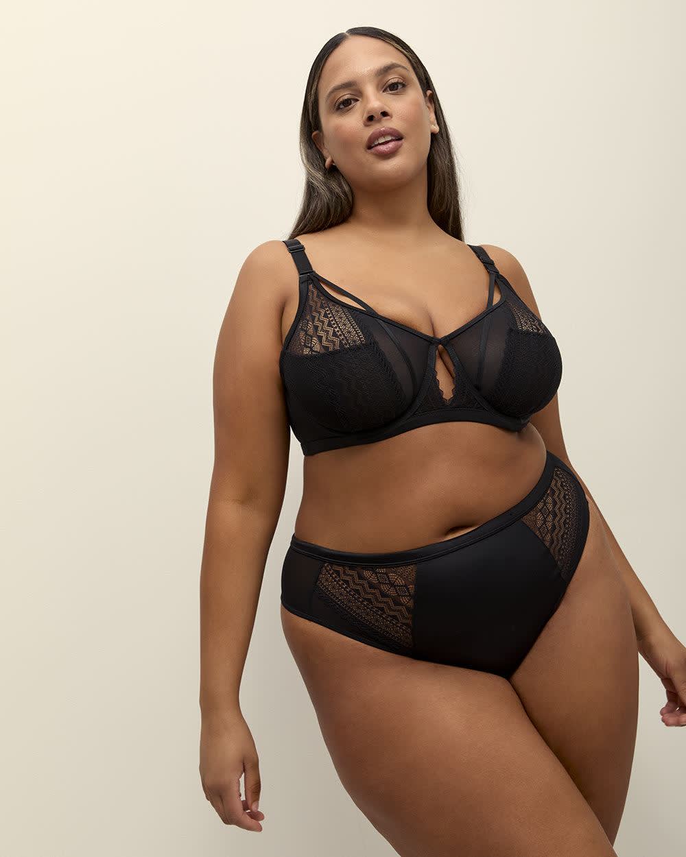 Culotte tanga en satin noir avec dentelle et maille - Déesse Collection