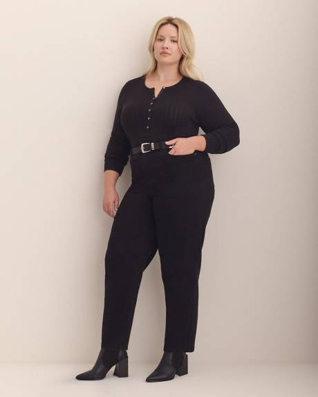 Long-Sleeve Pointelle Ribbed Knit Henley Top