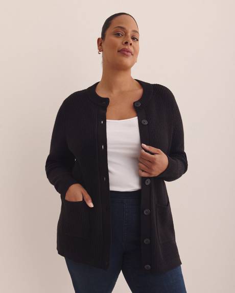 Cardigan long à col rond avec mailles perlées