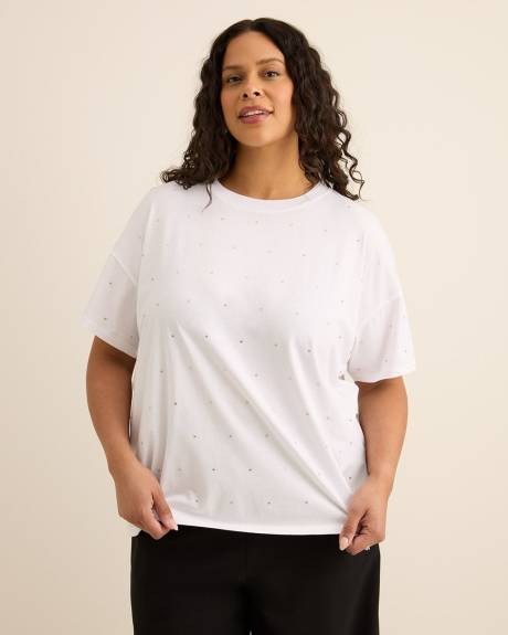 Crewneck Knit Top with Leaf Rhinestone Embellishment