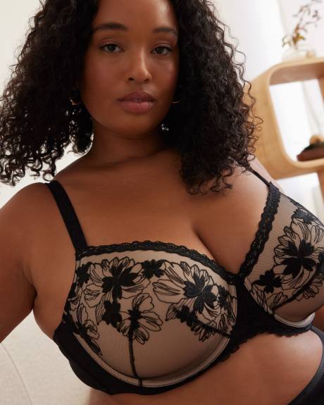 Black Underwire Padded Balconette Bra with Lace Trim - Déesse Collection