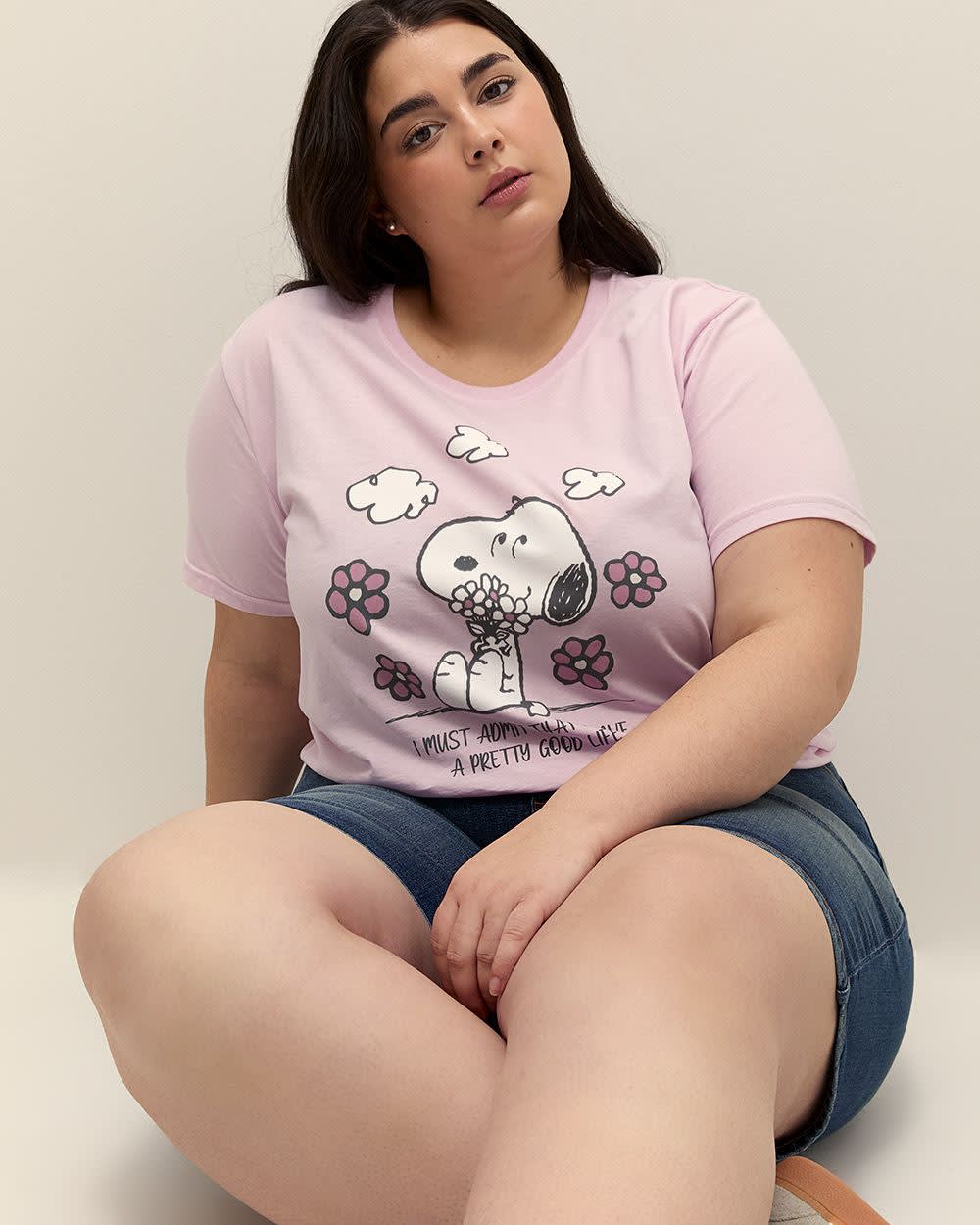 Purple Short-Sleeve Crewneck Tee with Floral Snoopy Print