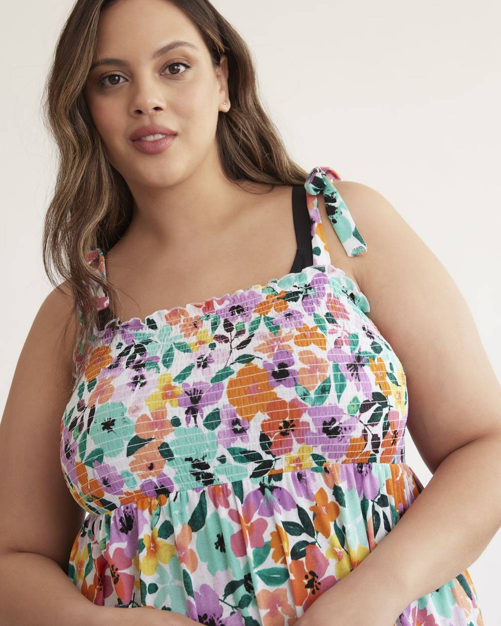 Floral Smocking Swim Cover Up Dress with Tie Straps Penningtons