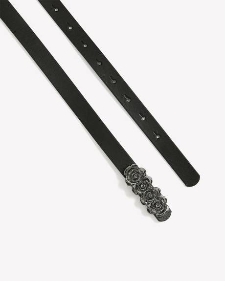 Skinny Black Belt with Flower Shaped Buckle
