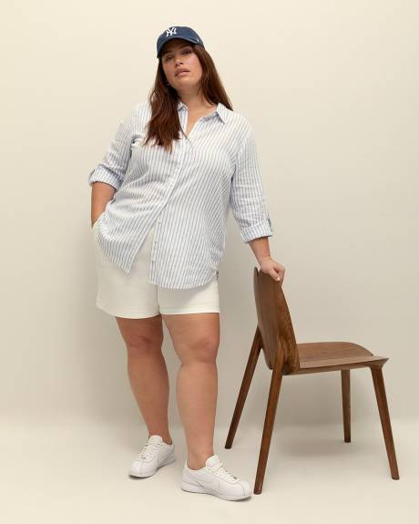Striped Linen Blend Buttoned Down Shirt with Rolled-Up Sleeves