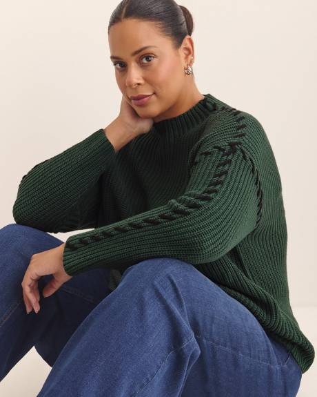 Cotton-Blend Funnel Neck Sweater with Whip Stitch