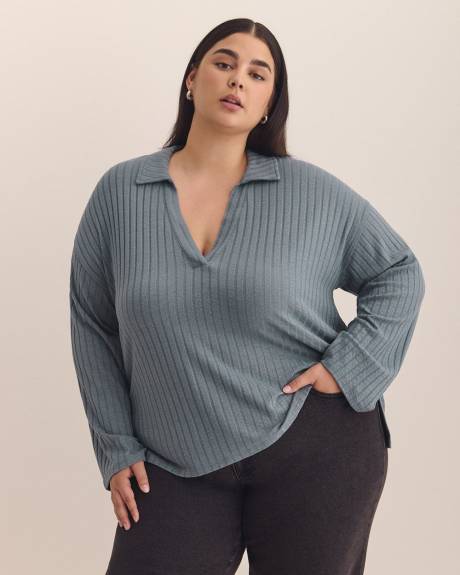 Ribbed Knit Polo Sweatshirt