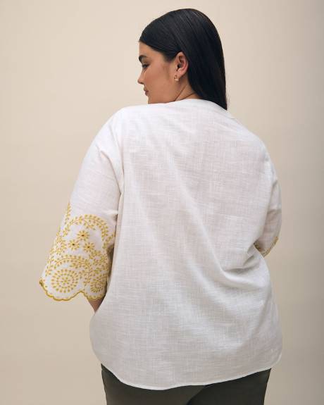 3/4-Sleeve Split-Neck Cotton Blouse with Embroidery