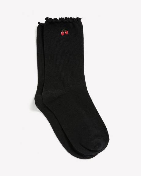Black Lettuce-Edge Crew Socks with Embroidered Cherries