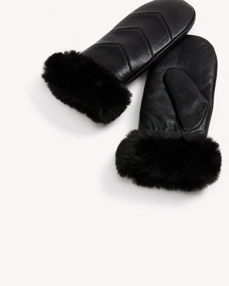 Black Leather V-Stitch Quilted Mittens with Faux-Fur Cuffs