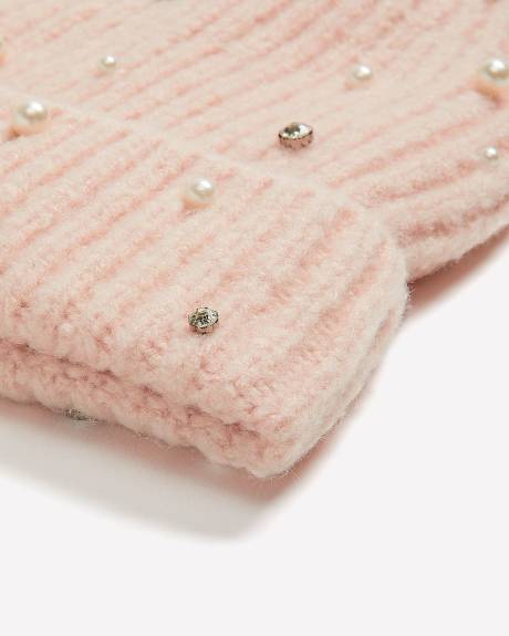 Bonnet à revers en tricot côtelé doublé en molleton avec perles décoratives