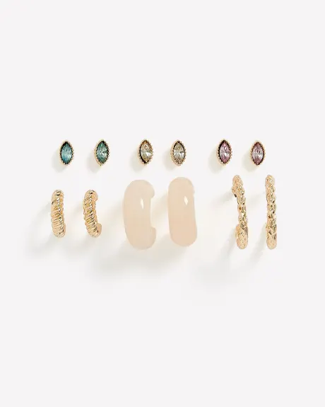 Golden Stud and Hoop Earrings, Set of 6 - Addition Elle