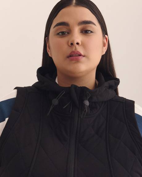 Long Black Quilted Vest with Hood - Active Zone