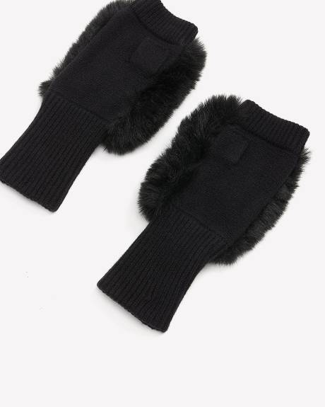 Black Faux-Fur Fingerless Mittens