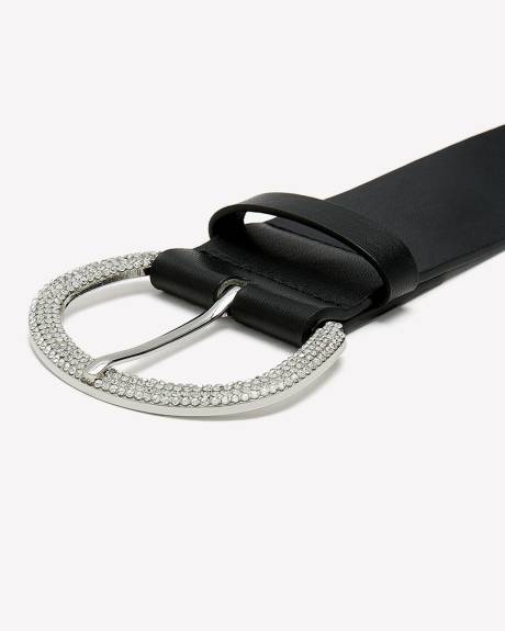 Black Elastic Belt with Silver Rhinestone Buckle