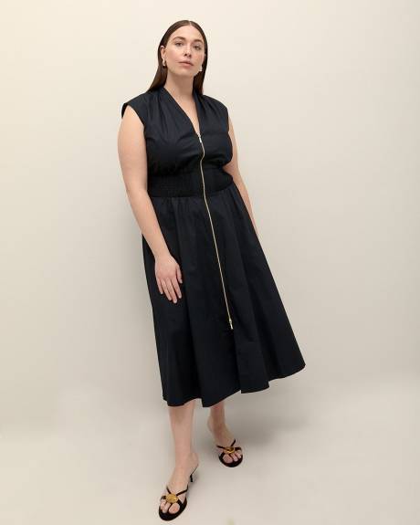 Zippered Midi Cotton Dress with Smocking Waist - Addition Elle