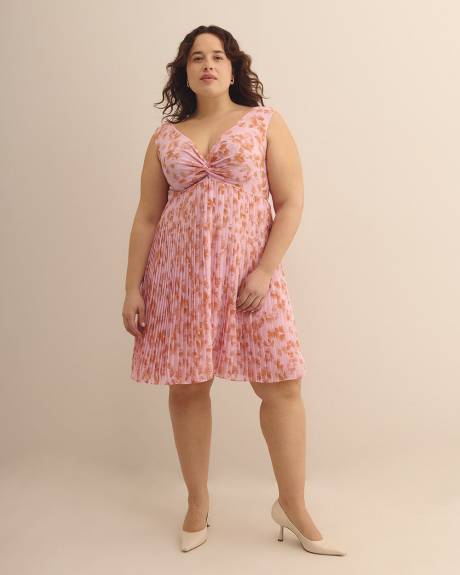 Floral Knotted Sleeveless Dress with Pleated Skirt - Addition Elle
