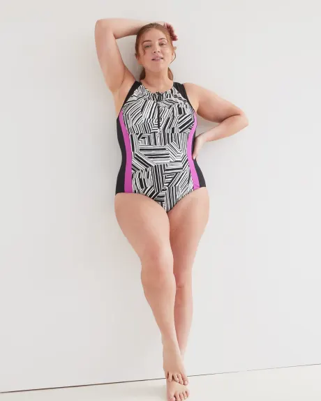 Printed One-Piece Swimwear with Half Zipper - Active Zone