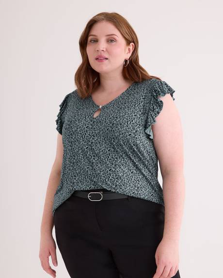 V-Neck Knit Top with Short Flutter Sleeves