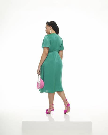 Satin Buttoned Midi Dress with Flutter Sleeves - Addition Elle