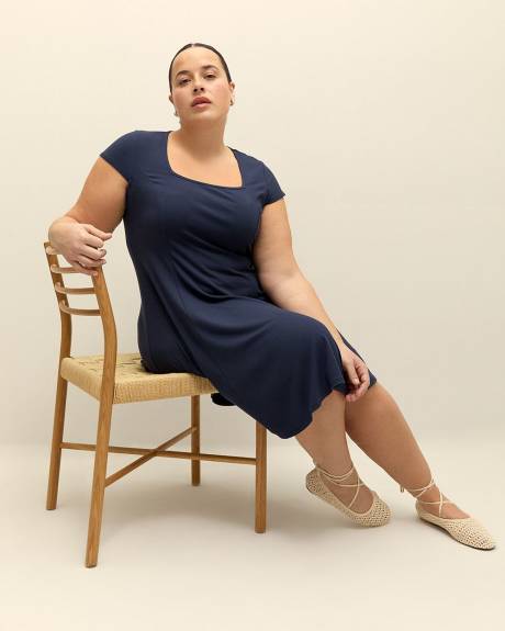 Responsible, Blue Short-Sleeve Square-Neck Rib Knit Dress