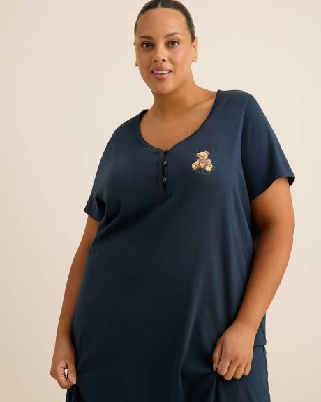 Long Blue Short-Sleeve Sleepshirt with Teddy Bear Placement Print - ti Voglio Long Blue Short-Sleeve Sleepshirt with Teddy Bear Placement Print - ti Voglio