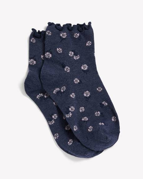 Chaussettes courtes bleues &agrave; motif de marguerites avec rebord ondul&eacute;