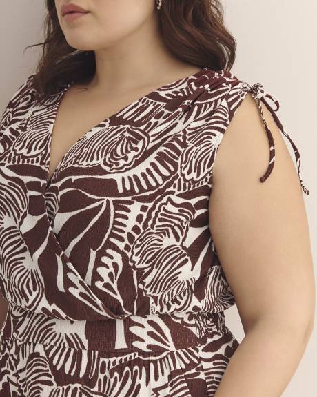 Pinted Sleeveless V-Neck Romper with Shoulder Ties
