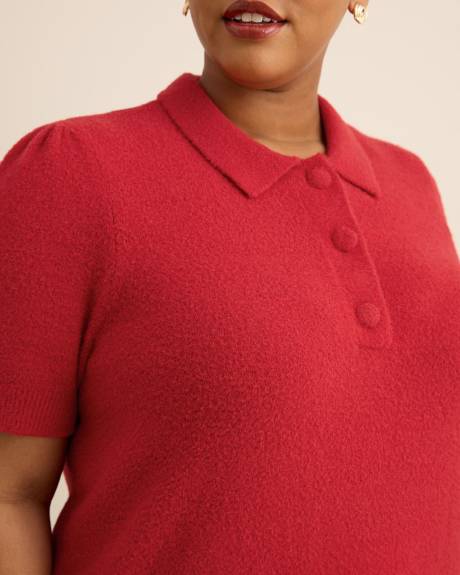 Red Plush Polo Sweater with Fancy Buttons