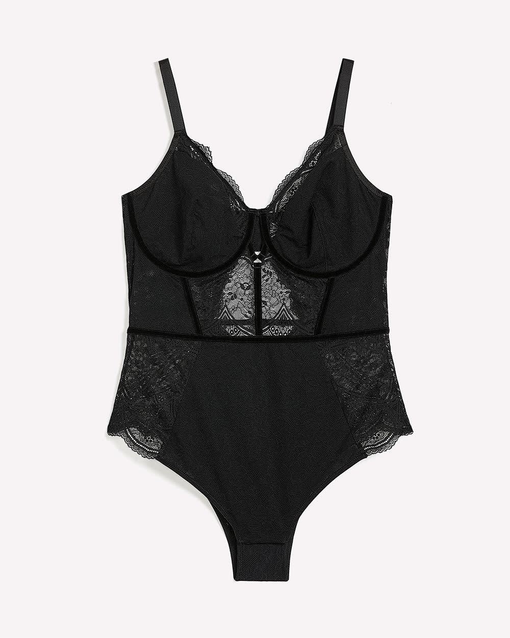 Maillot de corps cheeky noir en dentelle non doublé, avec armatures - Déesse Collection Maillot de corps cheeky noir en dentelle non doublé, avec armatures - Déesse Collection