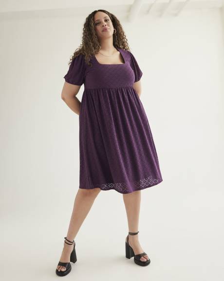 Eyelet Knit Dress with Balloon Sleeves