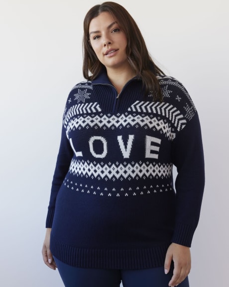 Zip-Neck Sweater with Love Jacquard Pattern - Active Zone