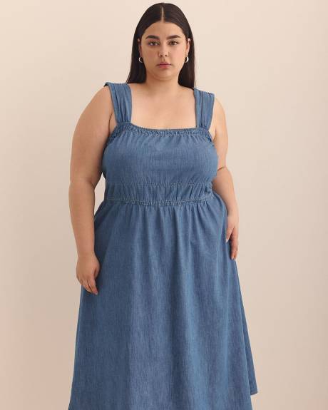Robe froncé mi-longue sans manches en denim