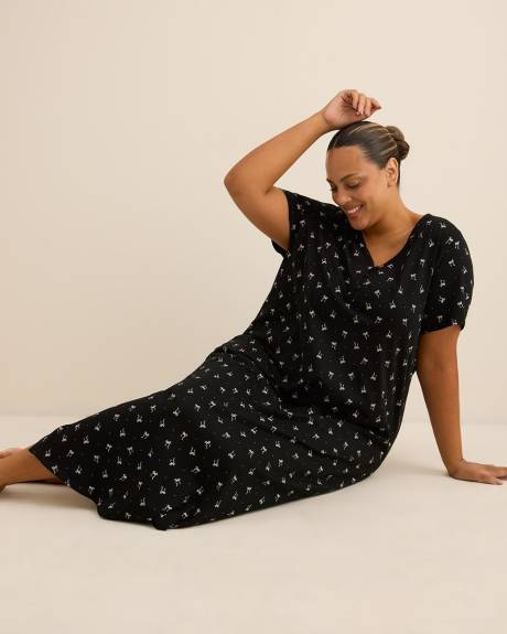 Long Black Short-Sleeve Knit Sleepshirt with Bow Print - ti Voglio Long Black Short-Sleeve Knit Sleepshirt with Bow Print - ti Voglio