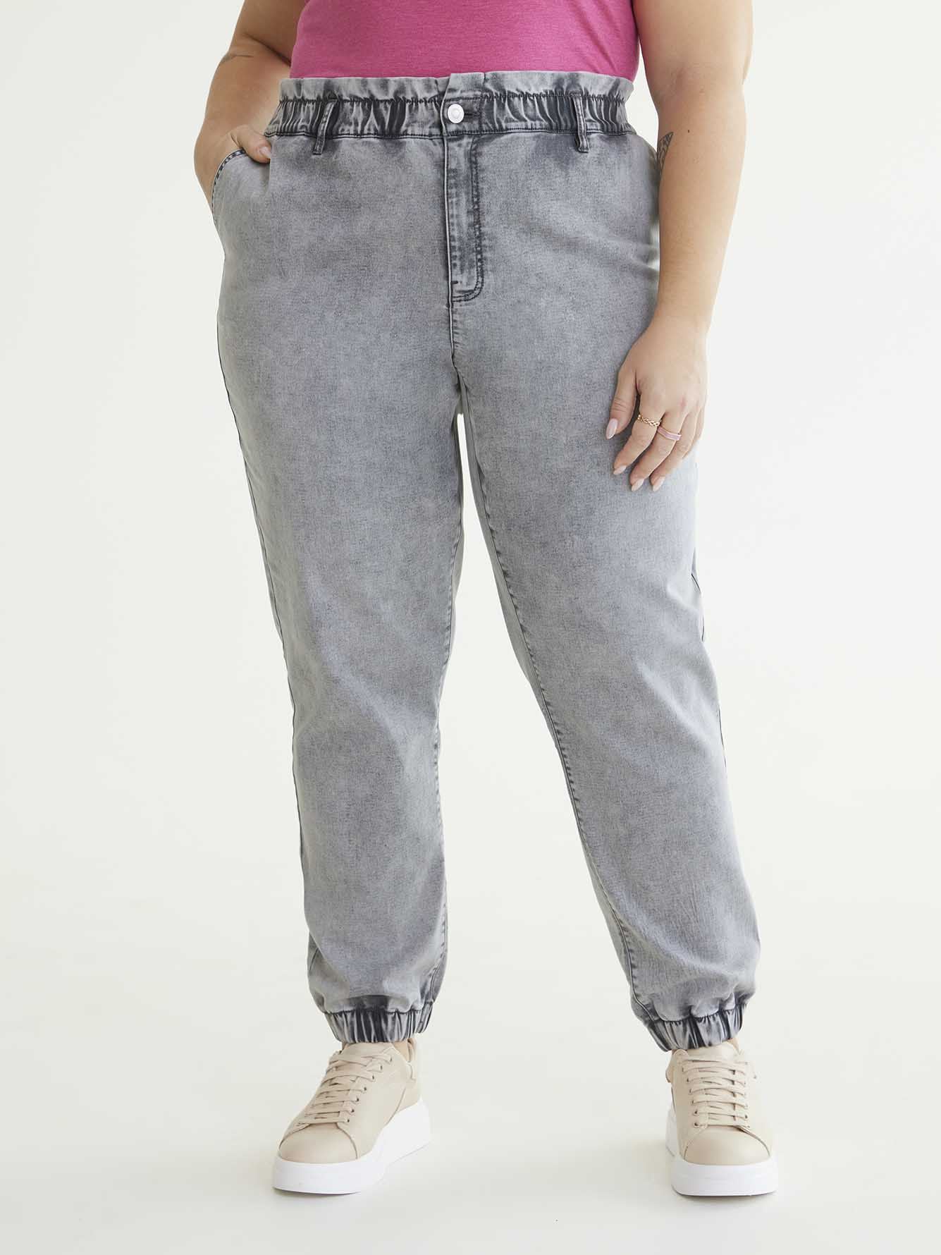 high rise knit denim joggers