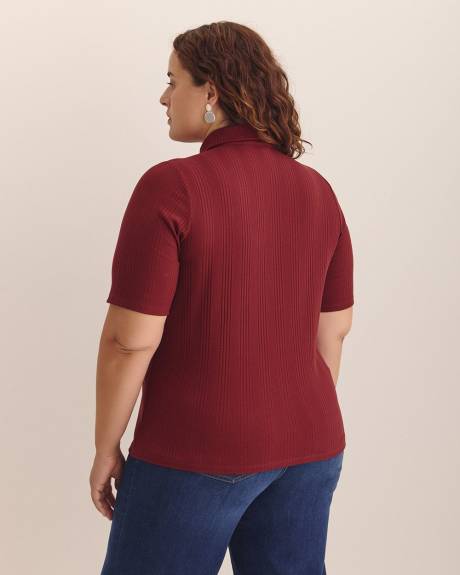 Ribbed Elbow-Sleeve Polo Knit Top