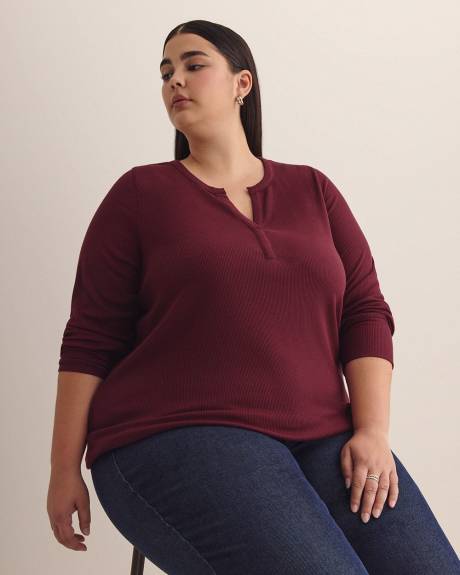 Haut en tricot gaufré à manches longues et col fendu