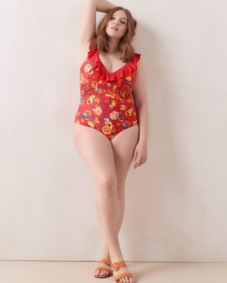 Printed One-Piece Swimsuit With Ruffles - In Every Story