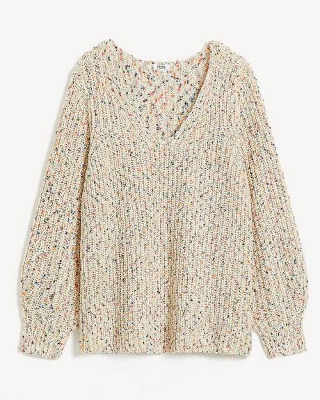 Pull à mailles mouchetées avec encolure en V, tissu responsable