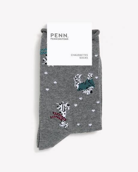 Grey Rolled-Edge Crew Socks with Dalmatian Print