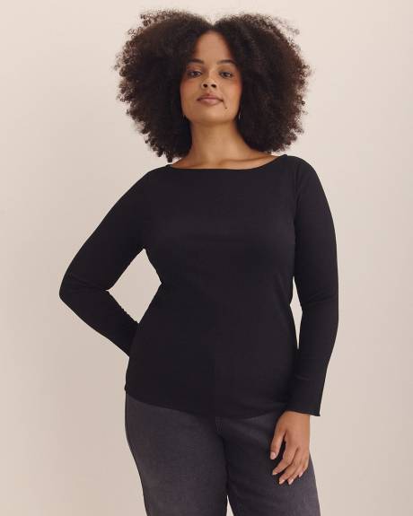 Boat-Neck Knit Top with Lettuce-Edge Sleeves - Addition Elle