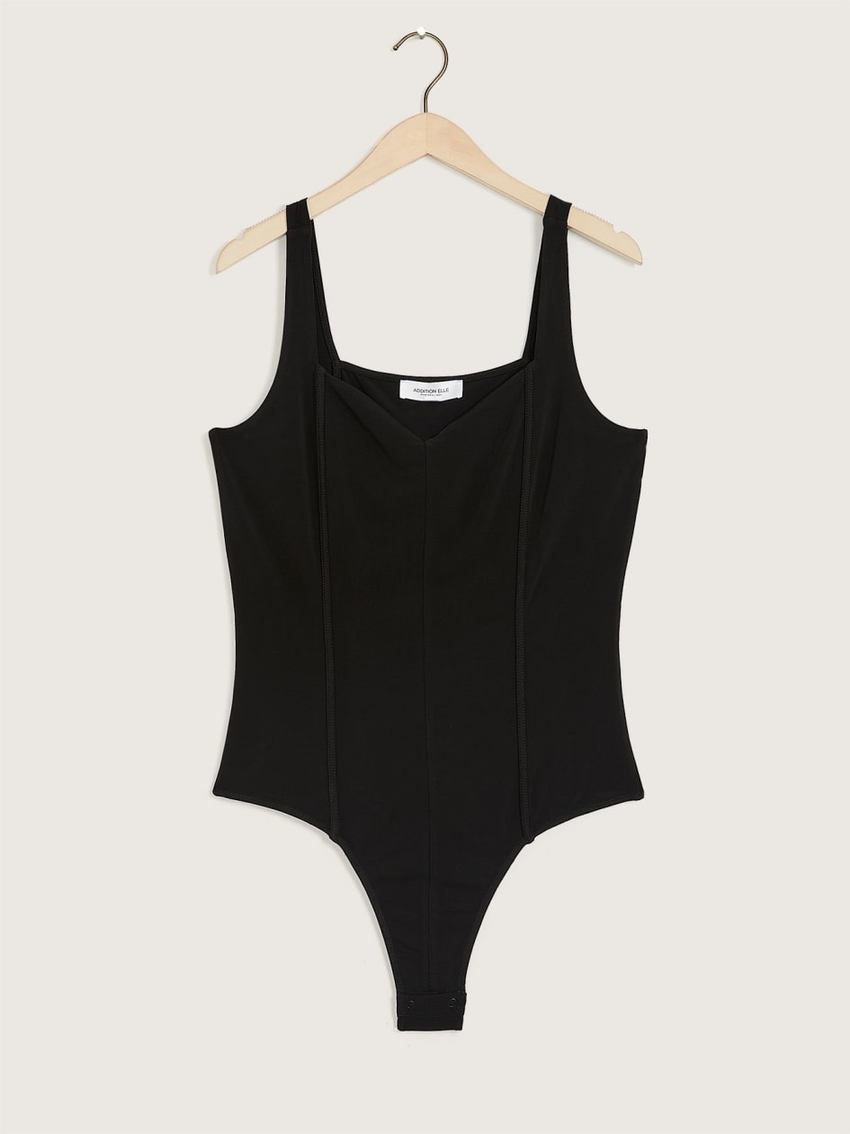 Black Sleeveless Thong Bodysuit with Sweetheart Neckline - Addition Elle