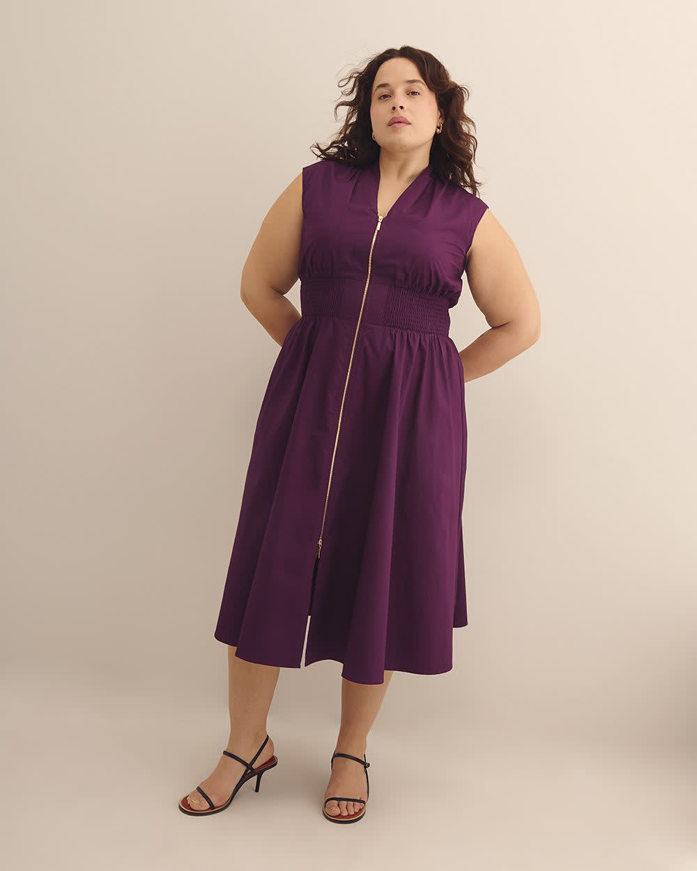 Zippered Midi Cotton Dress with Smocking Waist - Addition Elle