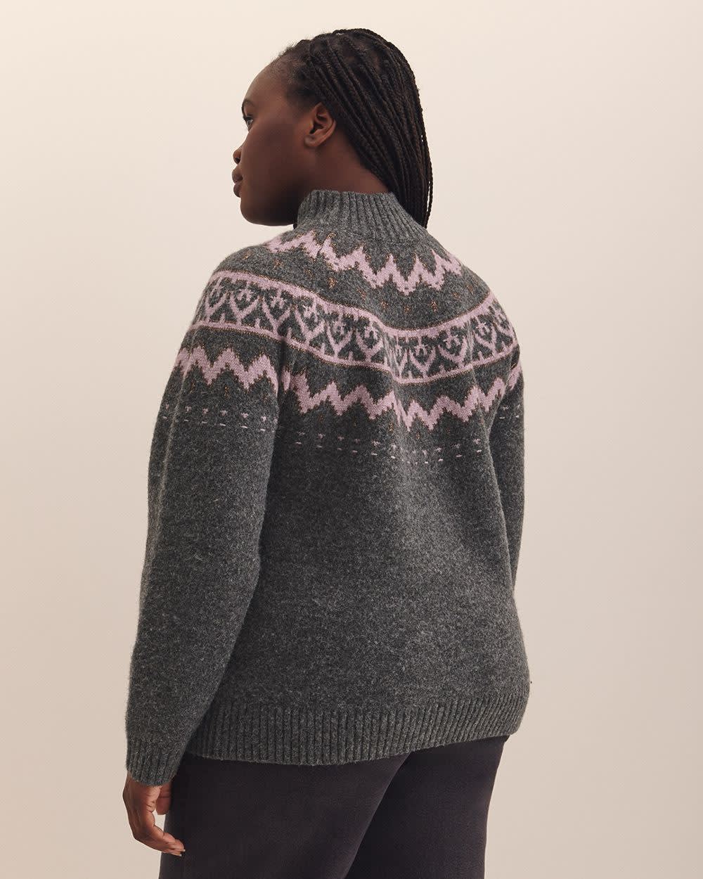 Grey Mock-Neck Sweater with Metallic Fair Isle Print Grey Mock-Neck Sweater with Metallic Fair Isle Print