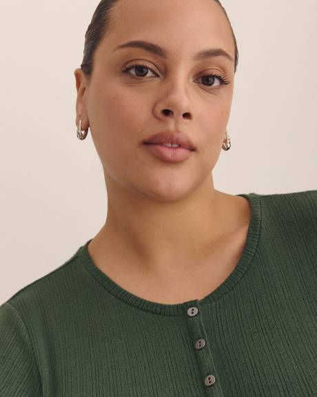 Long-Sleeve Pointelle Ribbed Knit Henley Top