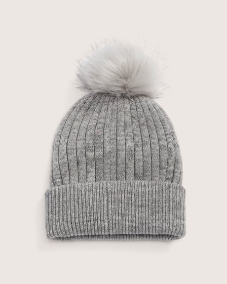 Ribbed Beanie With Pompom and Fleece Lining