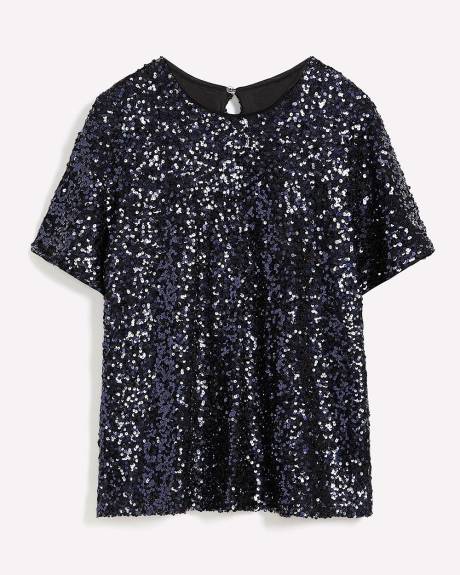 Short-Sleeve Sequins Crewneck Top