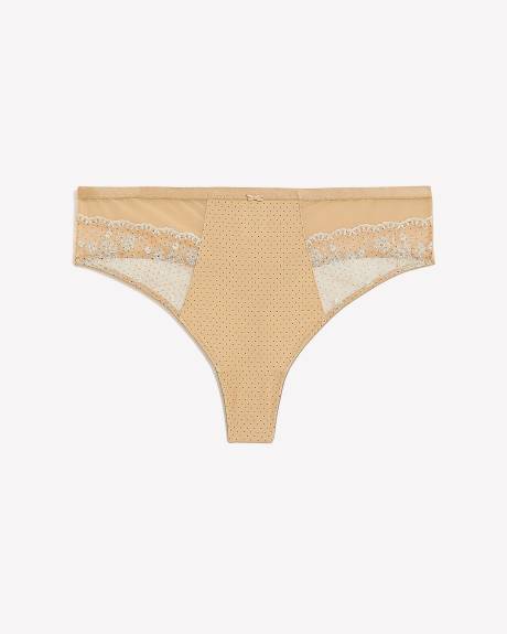 Culotte tanga en microfibre à bois avec dentelle brodée et mesh - Déesse Collection