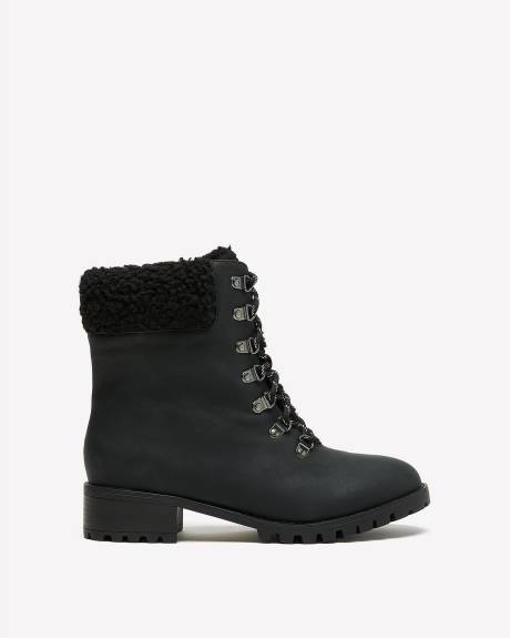 Extra Wide Width, Black Lace-Up Booties with Sherpa Collar