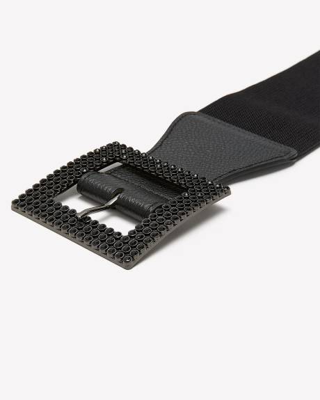 Black Wide Elastic Belt with Rhinestone Square Buckle